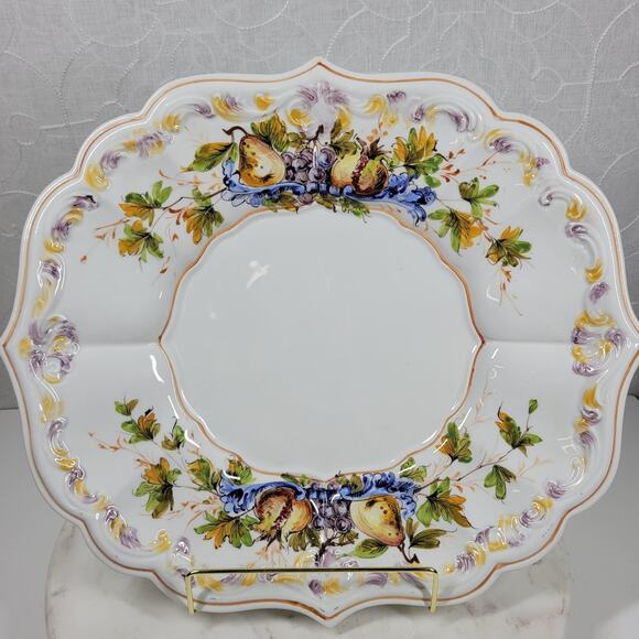 Vintage Italian Serving Platter Scallop Raised 13" White Floral Serving Plate